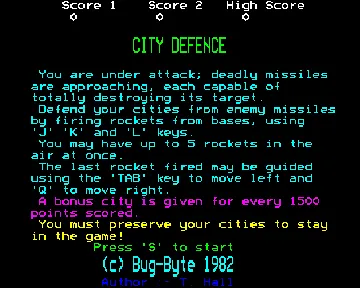 City Defence (1982)(Bug Byte)[DEFENCE] screen shot title